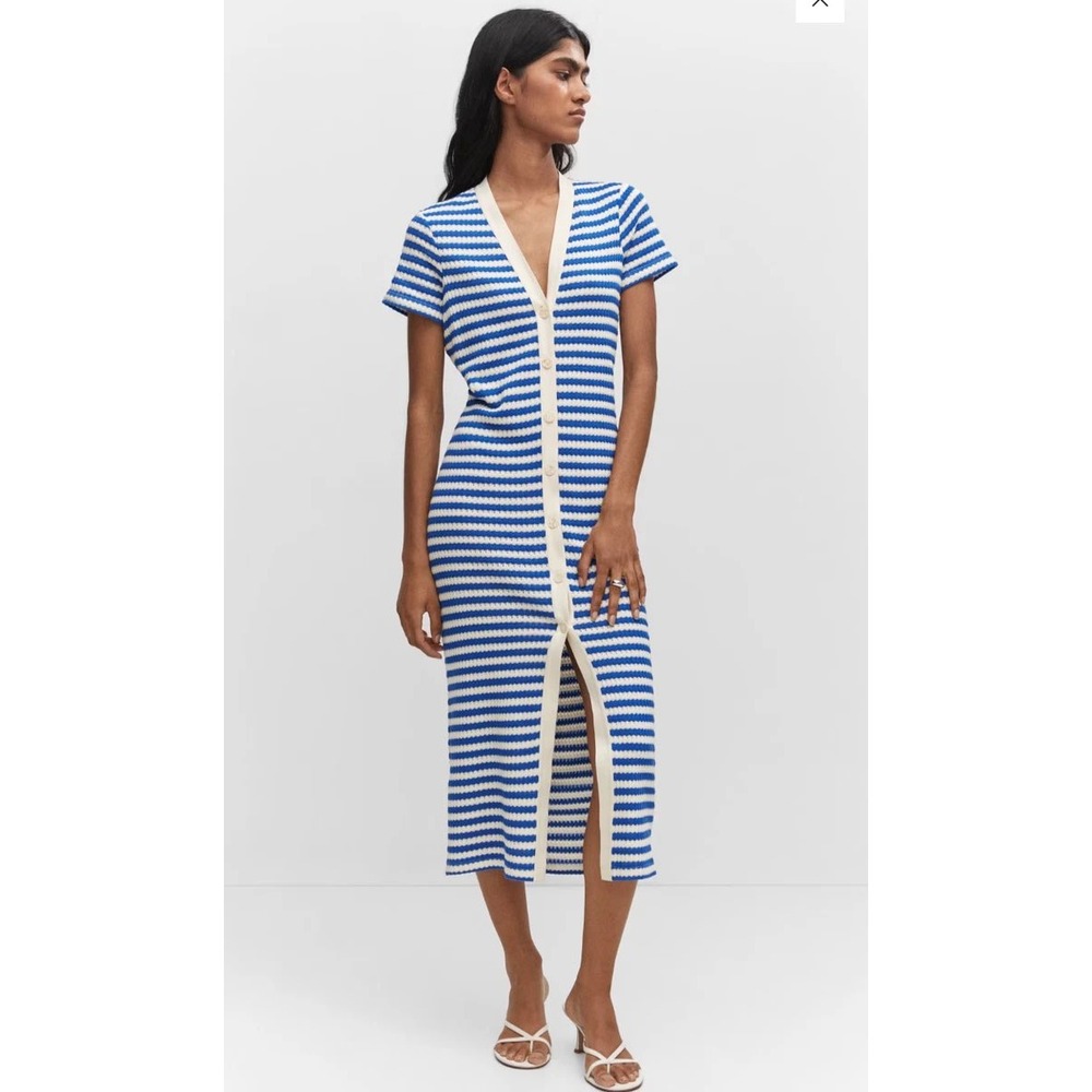MNG Mango Blue White Striped Knit Midi Dress Button Front V-Neck XXS KNIT DRESS